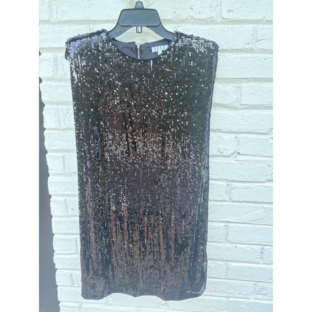 TCEC Black Sequin Shoulder Pad Mini Shift Dress Sleeveless CD02279 Large